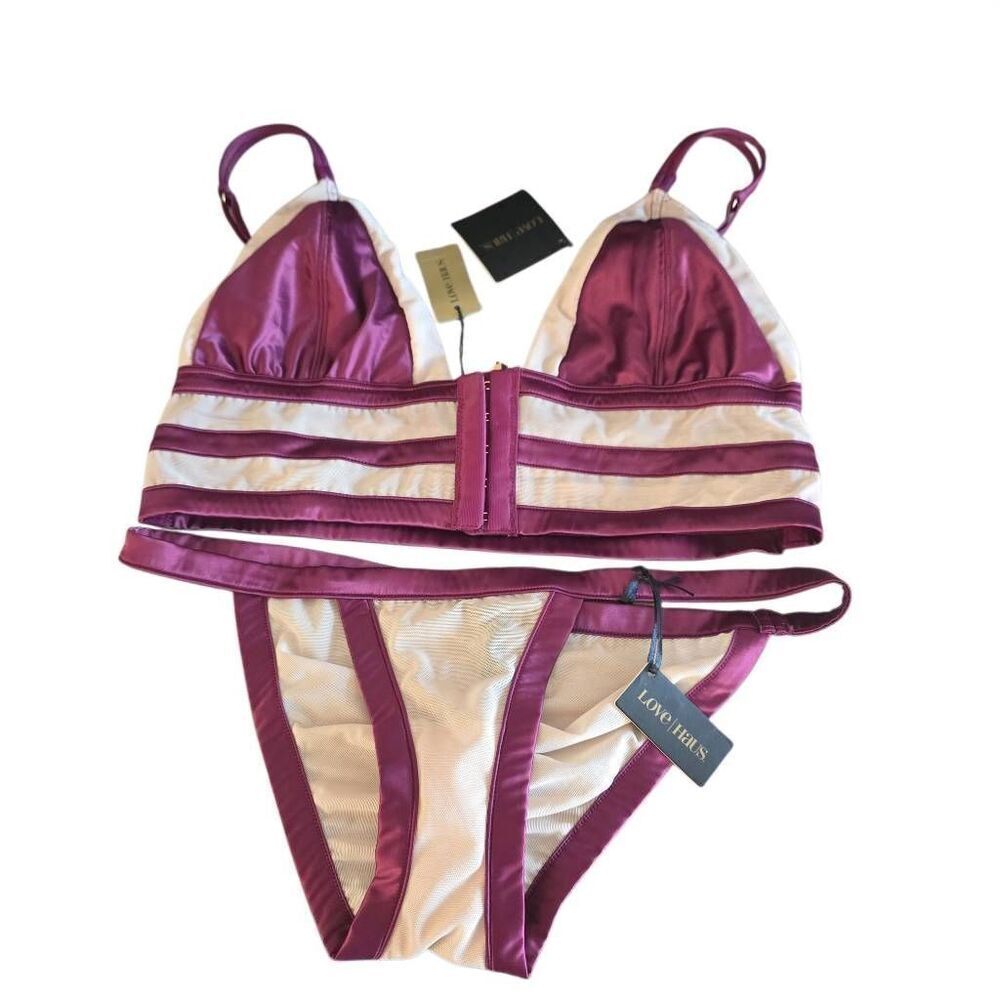 Love Haus by Beach Bunny womens wine nude mesh braleete and pantie set top M bot